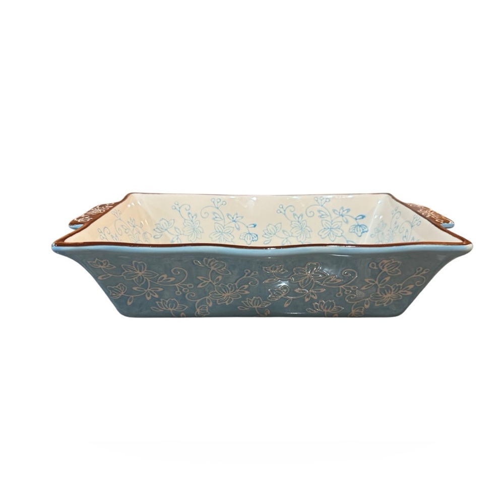 TEMPTATIONS FLORAL LACE  BLUE LOAF OF BREAD PAN BEADED DISH 1.7 QRT